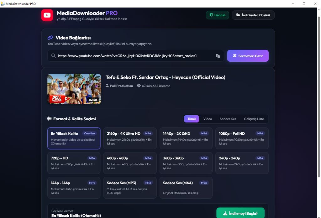 MediaDownloader PRO Gerçek Ekran Görüntüsü - Youtube MP3 ve 4K Video İndirme Programı